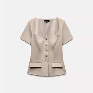 Zara Taupe Buttoned Short Sleeve Blazer